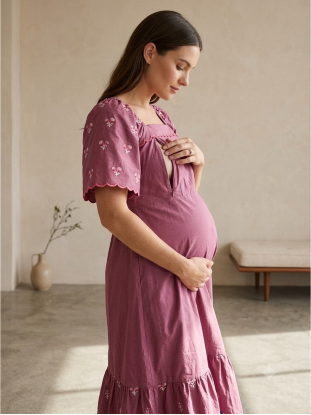 Cella & Flo Maternity Maxi Dress Sz 0 Pink Floral Embroidered Nursing Zipper Boh